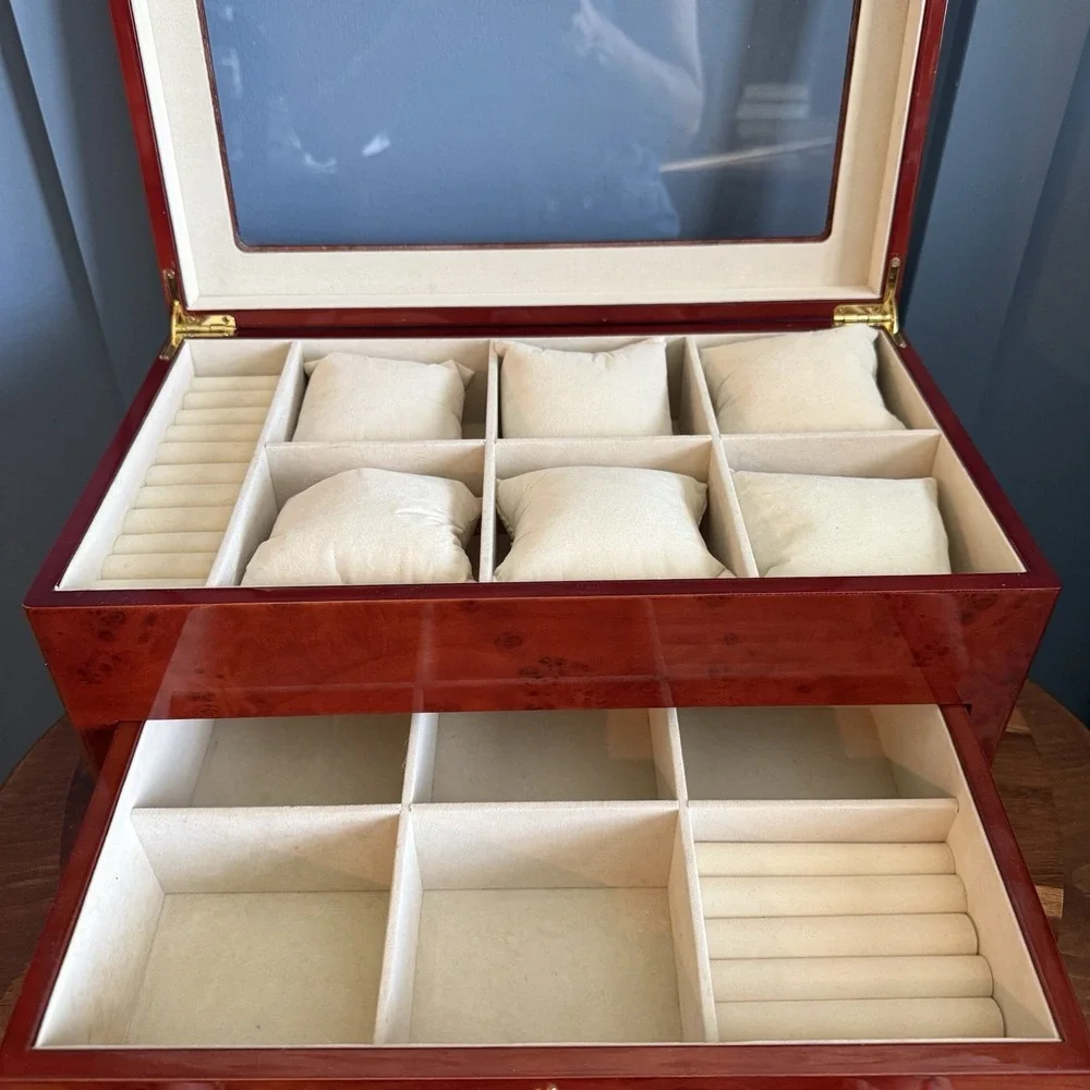 Vintage Burl Wood Jewelry Box Chest High Gloss Tortoise Shell Glass Tabletop